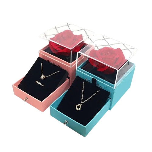 Coffret Rose Éternelle & son Collier à 4 coeur - Résiste à l'eau & ne noircit pas (Stock limité)